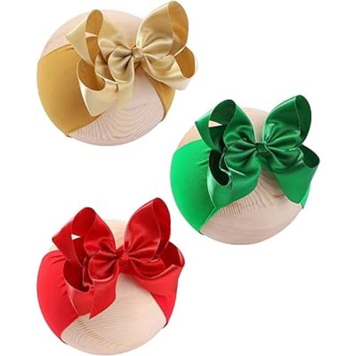 3PCS Baby Bows doboi Christmas Baby Girl Headbands Nylon Hairbands with Golden Weft Webbing Ribbon Bow Handmade Elastic Shiny Baby Hair Bows Headbands for Baby Girls Newborns Infants Toddlers and Kids