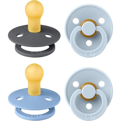 BIBS Pacifiers - Colour 4 Pack | Round Nipple Baby Pacifier | BPA Free Natural Rubber Latex Soother | Made in Denmark | Size 0-6 Months | Blue Colors