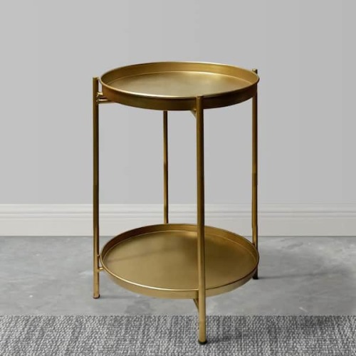 Vica15 in. Matte Gold Round Metal Top High Side End Table with 2-Tier