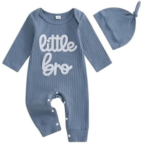 Kavousa Newborn Baby Boys Romper Long Sleeve Little Brother Letter Print Ribbed Bodysuit Jumpsuit Infant Coming Home Outfit