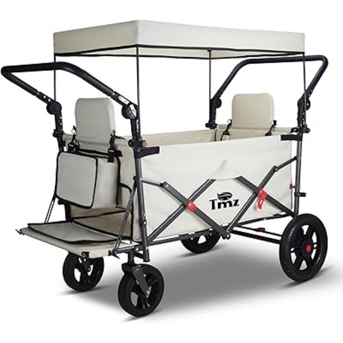 TMZ Foldable Wagon with Canopy, Collapsible Folding Wagon with Adjustable Handle Bar, Multi Functional Cart with Expansion Accessories, Front Expandable Transport Camping Wagon(Beige)