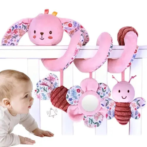 Spiral Car Seat Toy for Babies 0-6-12 Months Girl Boy, Stroller Baby Toys 0-3-4-5-6 Month Old Newborn Travel Shower Gifts, Carseat Hanging Sensory Toy Bunny for Infant Rattle, Mirror, Crinkle