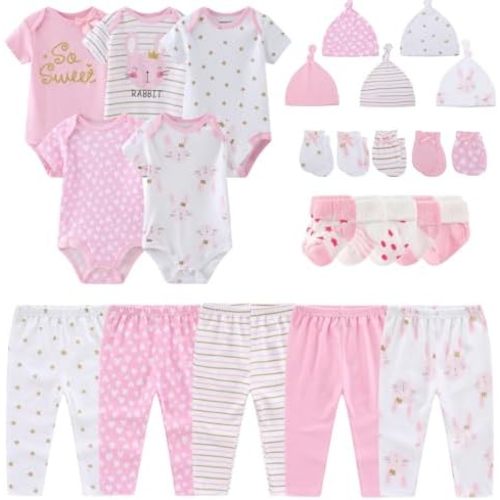 MAMIMAKA Newborn Layette Gift Set Bodysuits Pants for Baby Girl and Boy 24 Piece 100% Cotton Essentials and Accessories