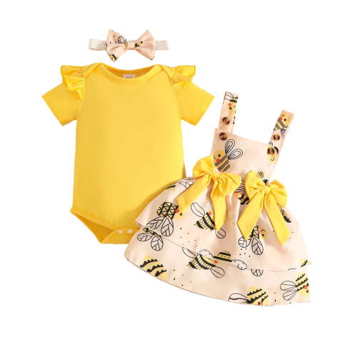 Wxirdiow Toddler Rompers Girl Newborn Baby Girl Outfit Cute Ruffle Short Sleeve Floral Pattern Romper with Suspender Skirt Yellow Size,6-9 Months