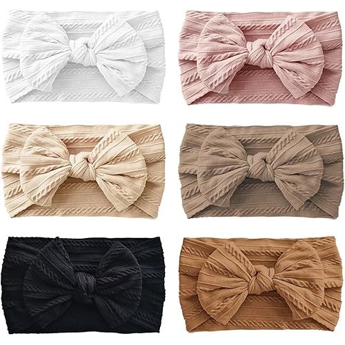 Fecawd Baby Headbands, Girls Headbands with Bows with Bows, Soft Stretchy Nylon Hair Bands Hair Accessories for Newborn Infant Toddler (6 Pack,Bow,Pink)