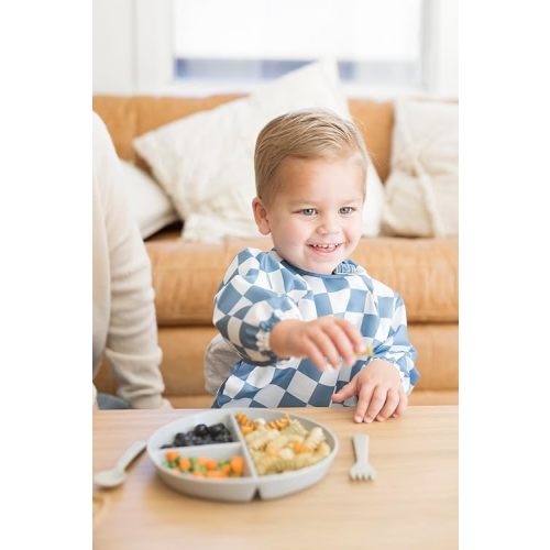 Tiny Twinkle Mess Proof Baby Bib,Waterproof Smock Baby Bib for Eating,Machine Washable Long Sleeve Bib,Baby Led Weaning,Toddler Bib (Checkers Blue, Small 6-24 Months)
