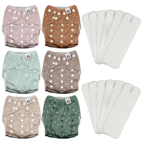 Mama Koala 3.0 Cloth Diapers for Babies with AWJ Lining, 6 Pack with 12 5-Layer Bboo(No Microfiber) Cloth Diaper Inserts - Reusable and Washable Pocket Diapers(12-My Warm Heart)