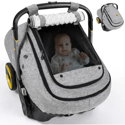 Bioby Waterproof Baby Car Seat Cover, Infant Car Seat Cover for Boy Girl, Roomy Cozy Windproof Sun Protection Baby Carseat Covers Canopy with Breathable Net and Holes, Universal Fitted Gray