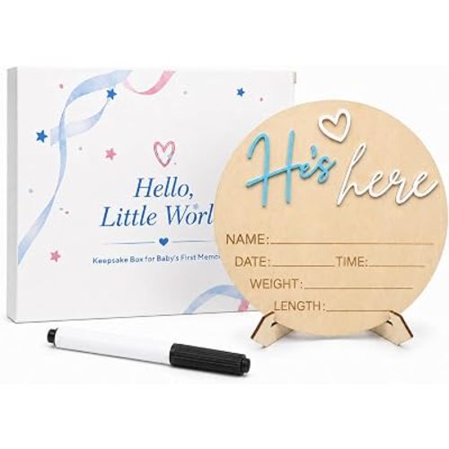 He's Here Baby Boy Announcement Sign Hello World Newborn Welcome Plaque Box
