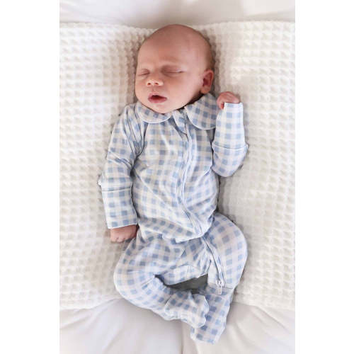 Peter Pan Collar Zipper Footie | Dusty Blue Gingham
