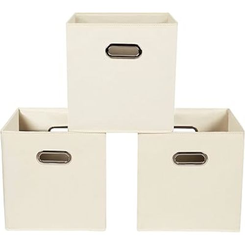 Yunkeeeper storage bins Cubes, Fabric Cube Organizer with Handle, Foldable Cube Bins for Cloth or Accessary Storage, 11x11x11, Set of 3, (Creamy White)