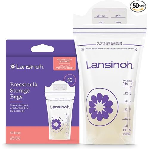 Lansinoh Breastmilk Storage Bags, 50 Count, Baby Essentials, Fast Freeze & Thaw Breast Milk Bags for Baby Bottle Feeding, Strength & Stretch, 6 Ounce