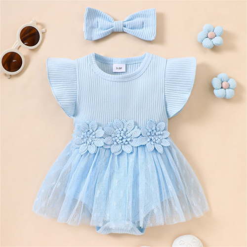 Baby Girl Summer Romper Dress Ruffled Sleeve Flower Embroidery Mesh Skirt Hem Ribbed Bodysuit Twin Girl Baby Outfits Romper Dress for Baby Girls