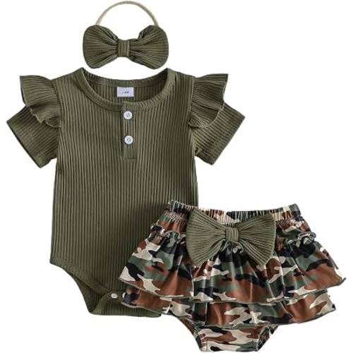 Amazon.com: fhutpw Newborn Baby Girl Clothes Ribbed Romper Top Leopard Ruffle Shorts | Infant Girl Summer Outfits 0 3 6 9 12 18 Months Clothing Set, Letter Print, Bow Headband, Soft Cotton, Cute Baby Clothes