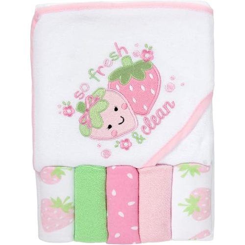 Baby Hooded Bath Towel and Washcloth Set for Infant Girls 6-12 Months (So Fresh Strawberry Pink)