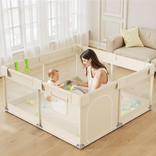 Uanlauo Beige Small Baby Playpen - 47x47in Playpen for Babies and Toddlers, Safe Indoor Play Pen, Baby Pen with Storage Bag and Breathable Mesh