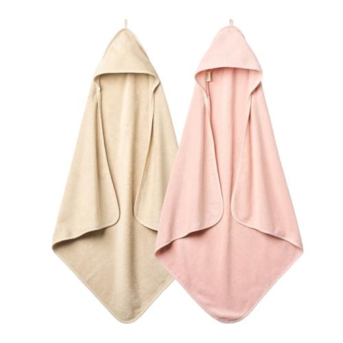 Hooded Baby Towels – Organic Cotton Baby Bath Towels, 32" x 32" Super-Soft and Absorbent Baby Towels for Newborn Baby Girls 2-Pack (Blush/Fog)