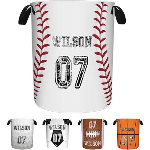 Custom Baseball Laundry Hamper Personalized Laundry Baskets with Name & Number Sports Theme Nursery Hamper Waterproof Collapsible Storage Basket with Handle for Men Boys in Bedroom Bathrooms