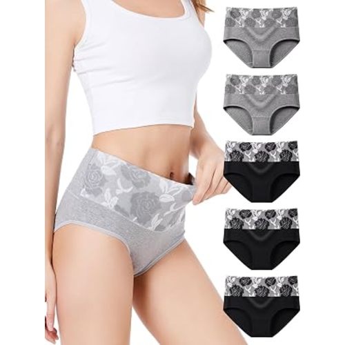 HAVVIS Women's Briefs Underwear Cotton High Waist Tummy Control Panties Rose Jacquard Ladies Panty Multipack