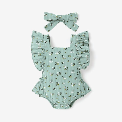 PatPat Baby Girl 2pcs Allover Floral Print Ruffle Trim Sleeveless Romper & Headband Easter Set