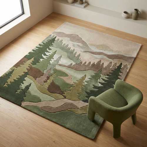 Nature Landscape Hand Tufted Wool Rug, Modern Mountain Area Rug Living Room Decor