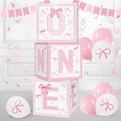 Foxrush Pink Bow First Birthday Decorations,3Pcs Conqette One Balloon Boxes for Girl 1st Birthday Party Decoration,Pink One Year Old Birth Theme Cardboard Box Supplies