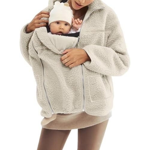 Womens Jacket Shearling Fleece Baby Sherpa Lined Zip Up Hooded Outerwear with Infant Pocket for Mother Overcoat