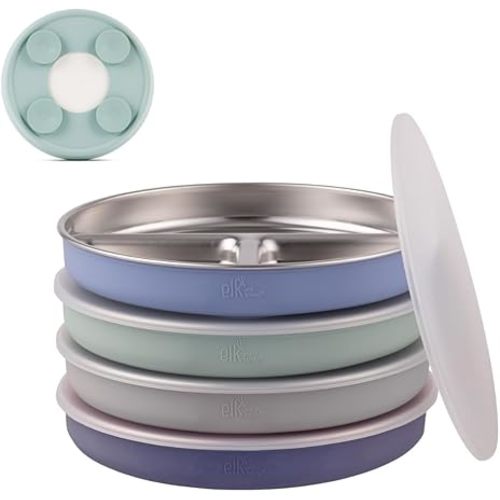 Elk and Friends Kids Stainless Steel Divided Plates with Silicone Suction Sleeves | Lids Included | Suitable for Babies/Toddlers | Dishwasher Safe | Stay Put Dinnerware | Snack Dishes | 4 Pack