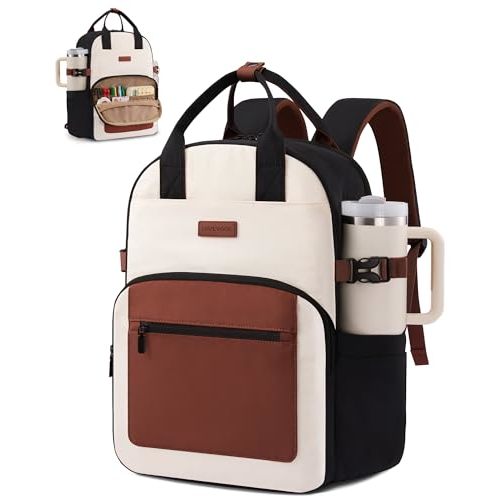 LOVEVOOK Laptop Backpack for Women - Stylish Work Backpack with Large Cup Holder, Waterproof College Teacher Backpack, Beige-Brown, 15.6Inch