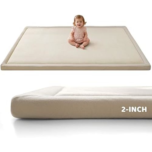 2 Inch Thick Baby Play Mat for Floor, Memory Foam Tummy Time Mat with Non-Slip Backing, Soft Micro Flannel 79X71nch Playpen Carpet Crawling Tatami for Infants Toddlers Kids, Beige