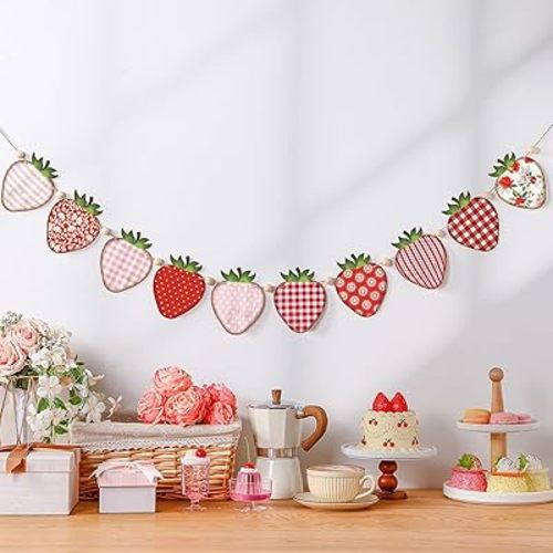 8.2 ft Strawberry Garland Room Decor Cute Wooden Banner Strawberry Party Decorations Hanging Garland with Wooden Beads for Girls Nursery Bedroom Birthday Baby Shower Party Favors