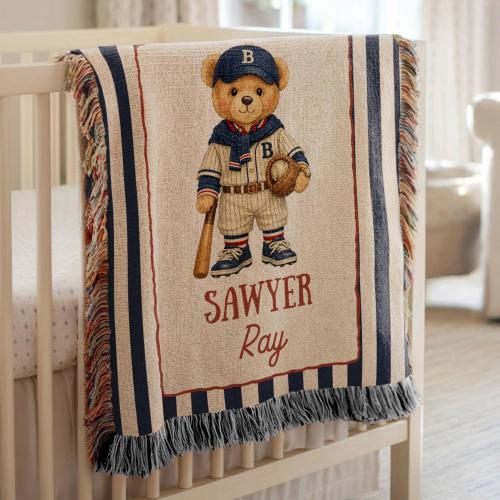 Personalized Vintage Baseball Teddy Bear Blanket, Preppy Baby Name Woven Blanket, Teddy Bear Sports Nursery Decor, Baseball Baby Boy Gift