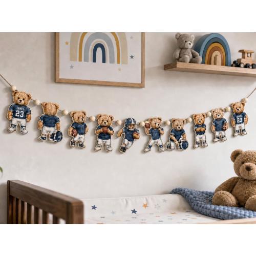Custom Name Wooden Garland: Football Teddy Bear Cutouts Navy Nursery Wall Decor