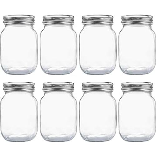 Glass Regular Mouth Mason Jars, 16 oz Clear Glass Jars with Silver Metal Lids for Sealing, Canning Jars for Food Storage, Overnight Oats, Dry Food, Snacks, Candies, DIY Projects (8PACK)