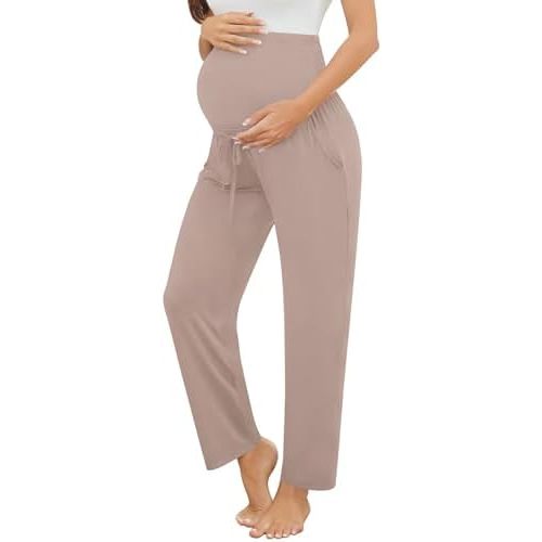 SWOMOG Women's Maternity Pajama Pants Over The Belly Pregnancy Pants Stretchy Lounge Wide Leg Trousers with Pockets