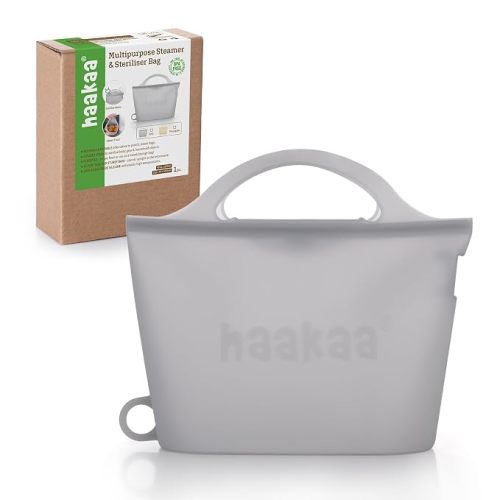 Haakaa On-The-Go Silicone Microwave Steam Sterilizer Bags for Travel, 40oz/1250ml Reusable Silicone Steaming Bags for Baby Bottles, Breast Pump, Accessories, Pacifiers, Teethers,Grey/1PC