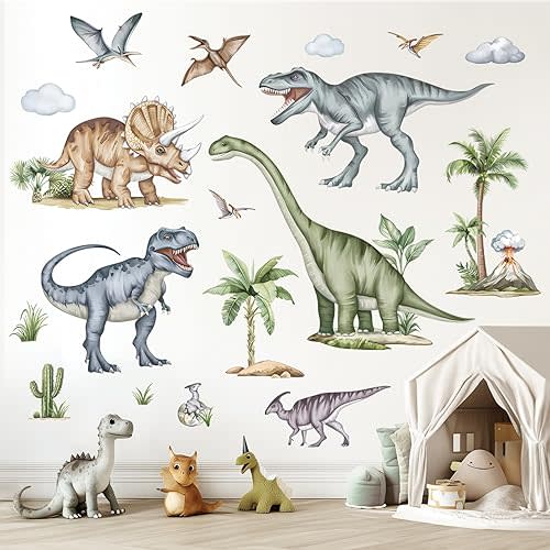 decalmile Large Dinosaurs Wall Decals Animal Dino Tropical Palm Tree Wall Stickers Boys Bedroom Playroom Baby Nursery Wall Decor(XXL)