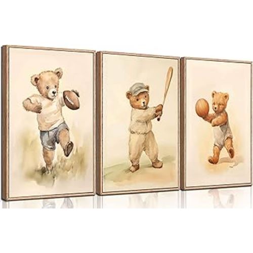 3Pcs Teddy Bear Sports Nursery Animal Canvas Wall Art Cute Woodland Baby Bear Rugby Wall Decor Pictures Football Basketball Baseball Kids Room Posters Prints for Children Bedroom Decoration No Frames
