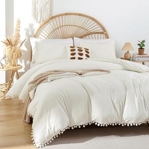 YIRDDEO Queen Comforter Set, Ivory Ball Pom Fringe Bedding Set 3 Pieces