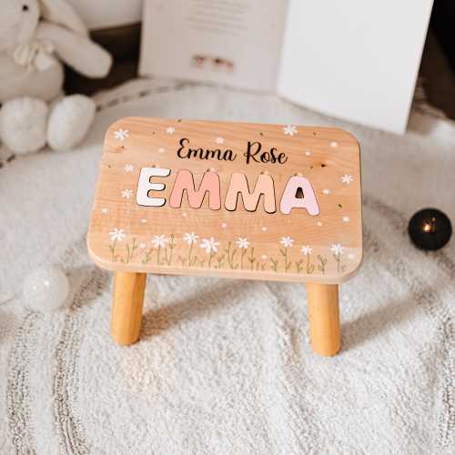 Personalized Girl Name Stool, Custom Wooden Step Stool with Daisy, Floral Name Puzzle Stool, First Birthday Gift for Girl, Nursery Decor