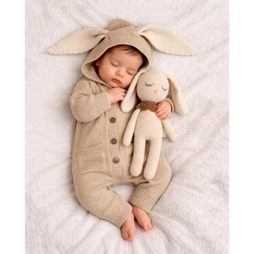 Baby Knit Jumpsuit Buttoned Easter Outfit | Bunny Ears on Hood Jumper | Oatmeal Bonterra