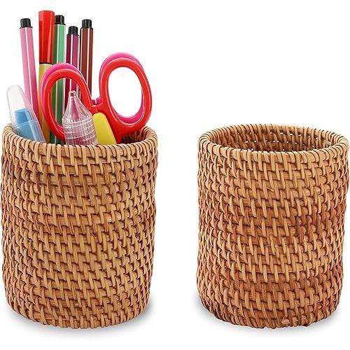 Okllen 2 Pack Rattan Pencil Holder, Handmade Wicker Pen Cup Makeup Brushes Holder, Woven Vine Desk Organizer Pen Container Box for Office & Home Desktop, Kitchen Utensil Cutlery, Cylinder