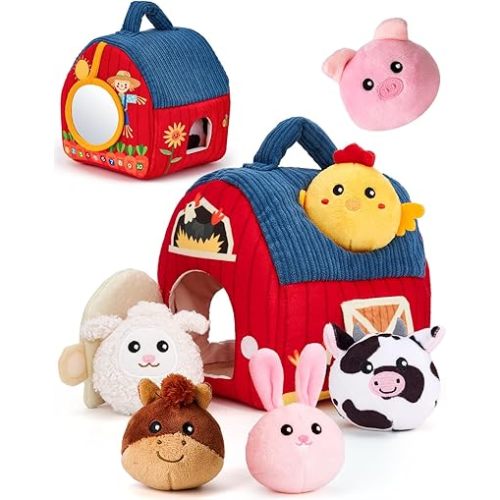 hahaland Baby Toys 6-12 Months - Surprise Barn Stuffed Farm Animals, Rattle, Crinkle, Mirror, Montessori Toys for 6 Month Old Sensory Balls 1-3, Baby Boy Gifts, Farm Plush Toys for Babies Travel Toy