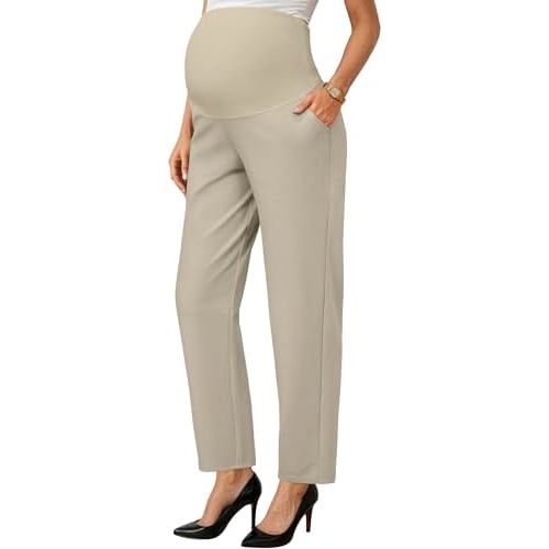 OUGES Womens Stretchy Maternity Over Belly Casual Work Straight Leg Pants Ankle Business Office Trousers with Pockets
