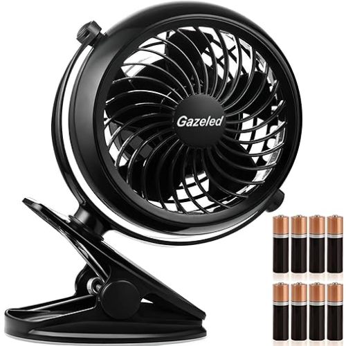 Gazeled Clip on Fan Battery Operated, 360° Rotation, with 8 Free AA Batteries, Quiet USB or Battery Operated Fan, 5'' Portable Battery Powered Clip on Fans for Camping, Stroller, Bedroom, Outdoor