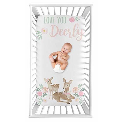 Sweet Jojo Designs Fitted Baby Crib Sheets (Woodland Deer Floral) for Girls, Infant Nursery, Toddler Room - Standard Size (Photo Op, Boho, Watercolor, Flowers, Shabby Chic, Blush Pink and Mint Green)