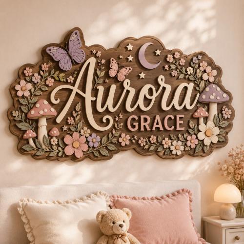 Personalized Butterfly Nursery Decor, Custom Name Sign, Floral Woodland Wall Art, Girls Room Decoration, Flower Name Sign