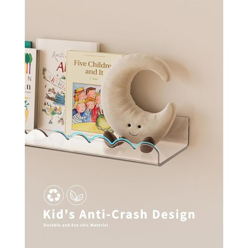 G&W Gruwald 4 Pack Clear 15.7 Inches Acrylic Book Shelf for Kids Room, Floating Kids Book Shelves for Wall, Nursery Book Shelves, Magazine Rack, Picture Ledge (Clear, 15.7)