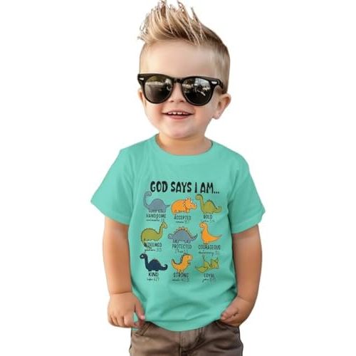 Toddler Boy Dinosaur Shirt God Says I Am Bible Verse Dino Religious Tshirt Christian Outfits Baby Short Sleeve Tees