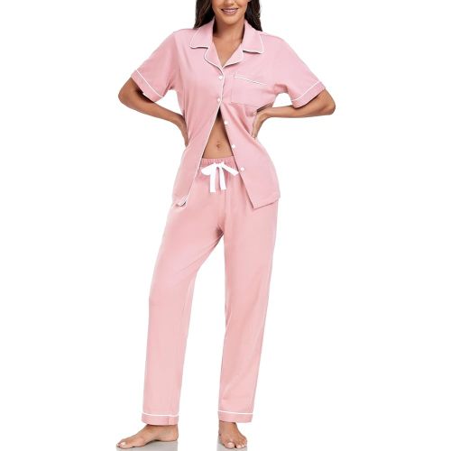 EA'S SECRET Womens 100% Cotton Pajama Sets Short Sleeve Shirt and Pajama Pants Soft Sleepwear Button Down Pjs for Women